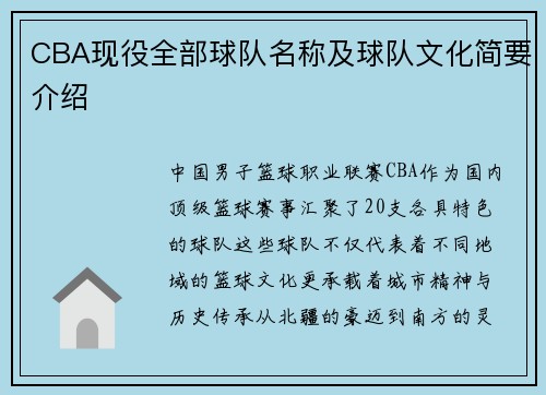 CBA现役全部球队名称及球队文化简要介绍